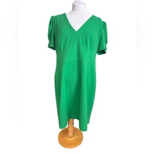 DKNY Green Puff Sleeve Sheath Dress Women’s Size 16 V-Neck Knee Length